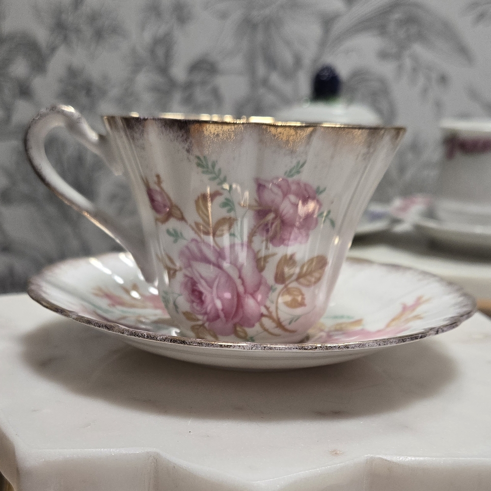 Vintage Floral Teacup and Saucer with Gold Accents